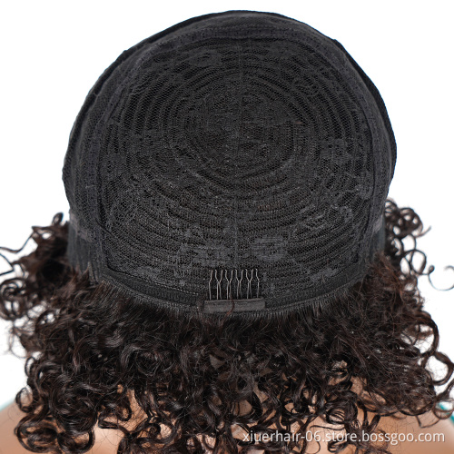 Short Brazilian Machine Made Jerry Curl Wigs with Bangs, Virgin Human Hair Kinky Curly Glueless No Lace Front Wigs for Black Wom